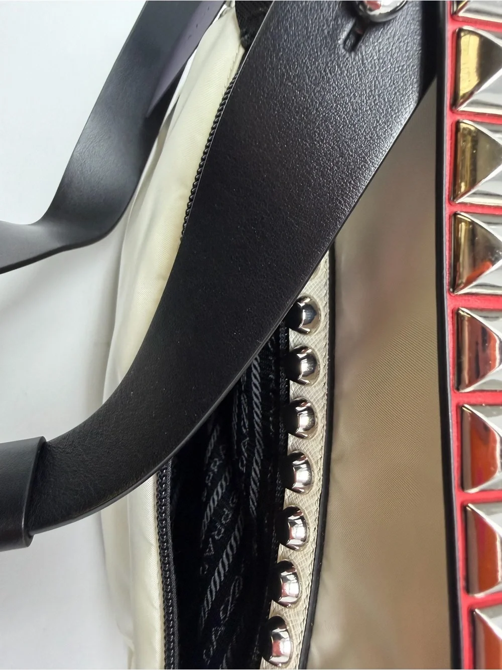 Prada White Nylon Shoulder Bag with Red Trim & Silver Studs